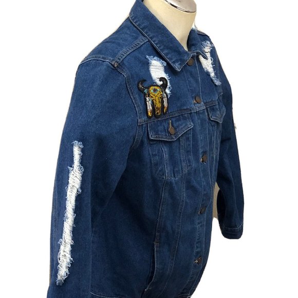 Boom Boom Jeans Jean Jacket Native American Design Blue Denim Size XL Women's - Picture 4 of 11